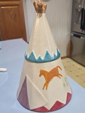 Vintage Hand-Painted Ceramic Teepee Cookie  Jar in Cream with Orange Accent